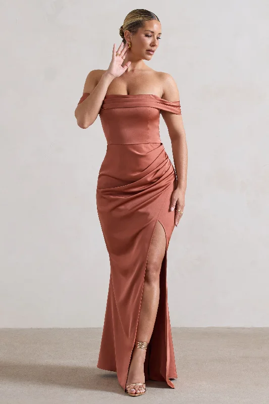 Maxi dresses for a beachside garden party celebration -Maxi dresses for summer beach parties -Katia | Rust Satin Bardot Maxi Dress