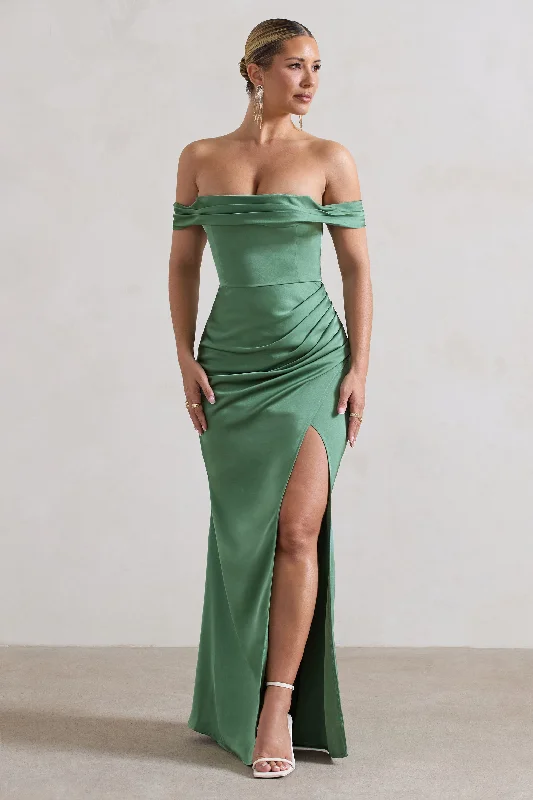 Maxi dresses for a high-end evening celebration with friends -Katia | Soft Green Satin Bardot Maxi Dress