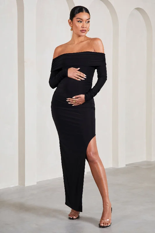 Maxi dresses for a glamorous evening in the city -Kaylee | Black Ruched Strapless Long-Sleeved Split Maternity Maxi Dress