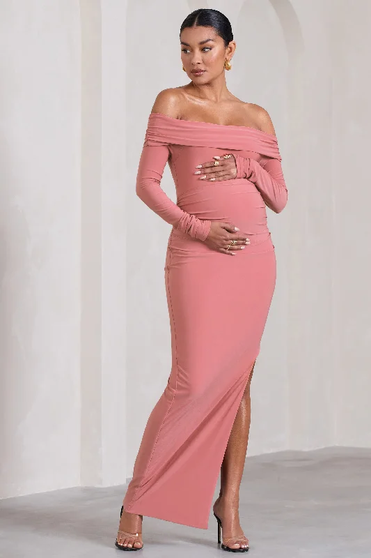 Maxi dresses for a chic summer evening soiree -Kaylee | Blush Pink Ruched Strapless Long-Sleeved Split Maternity Maxi Dress