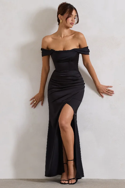 Maxi dresses for high-end bridal parties and receptions -Kimberly | Black Bardot Satin Maxi Dress