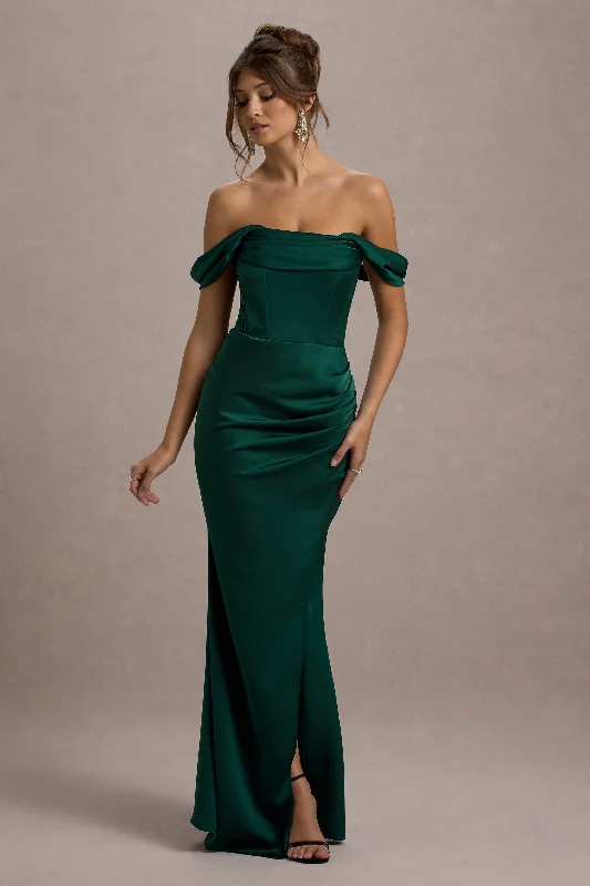 Maxi dresses for casual outdoor barbecues with friends -Kimberly | Bottle Green Bardot Satin Maxi Dress