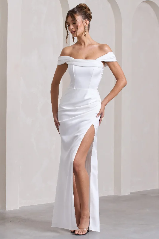 Maxi dresses for a chic evening celebration at a vineyard -Kimberly | White Bardot Satin Maxi Dress