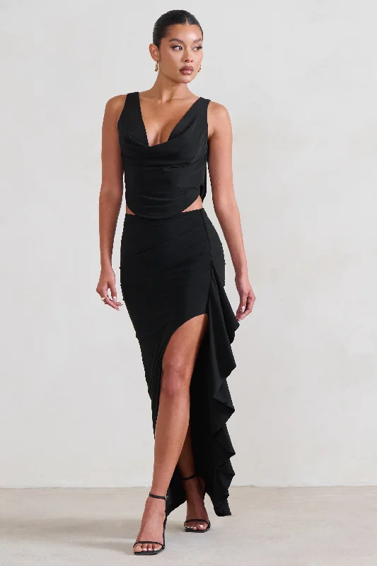 Maxi dresses for a formal dinner party at a prestigious venue -La Belle | Black Ruffle Maxi Skirt With Thigh Split