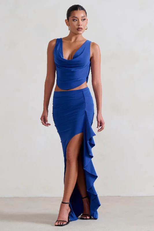 Maxi dresses for a chic wedding at an exclusive resort -La Belle | Blue Ruffle Maxi Skirt With Thigh Split