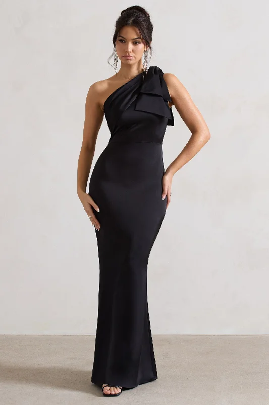 Maxi dresses with deep V-necklines for a bold, elegant appearance -Lady | Black Satin One Shoulder Maxi Dress With Bow