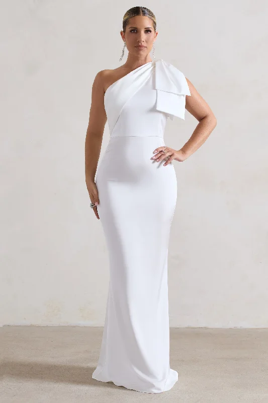 Maxi dresses for a stylish beachside wedding at sunset -Lady | White Satin One Shoulder Maxi Dress With Bow