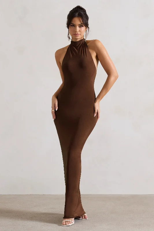 Maxi dresses for elegant evening affairs in the city -Larisa | Dark Brown Cowl Halter-Neck Maxi Dress With Back Detail