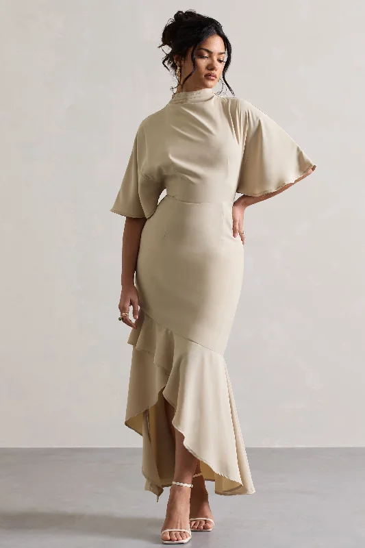 Maxi dresses for an elegant family dinner by the beach -Lavinia | Champagne High-Neck Flutter-Sleeve Asymmetric Maxi Dress