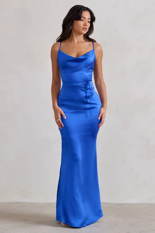 Maxi dresses with silk fabric for a luxurious feel -Lifetime | Cobalt Blue Satin Cowl Neck Maxi Dress With Cross Back Detail