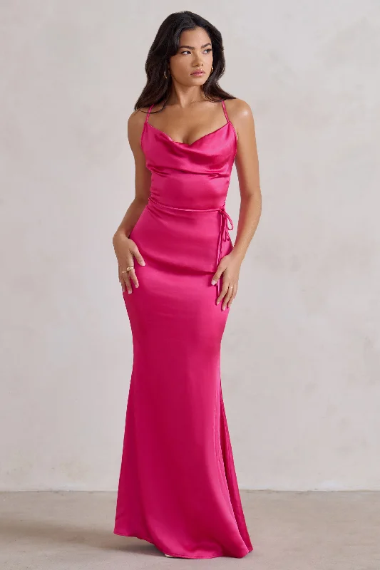 Maxi dresses with pleats for a sophisticated appearance -Lifetime | Fuchsia Pink Satin Cowl Neck Maxi Dress With Cross Back Detail