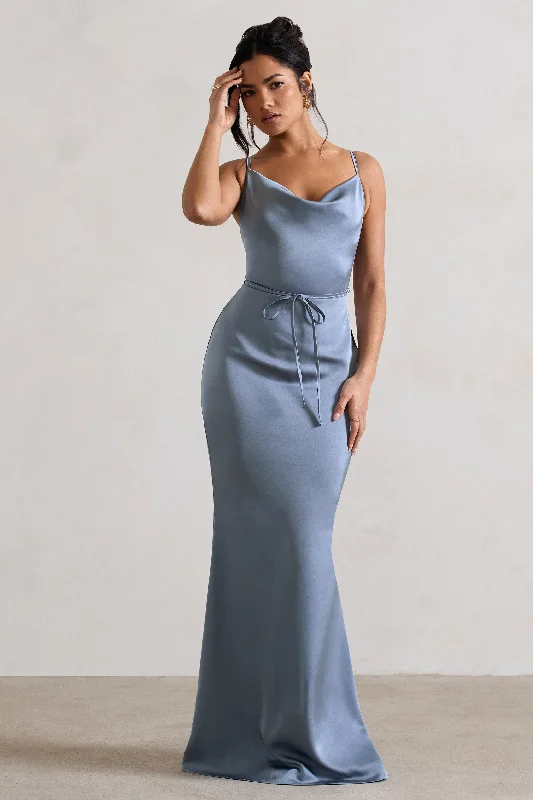 Maxi dresses for a glamorous poolside celebration in the summer -Lifetime | Slate Blue Satin Cowl Neck Maxi Dress With Cross Back Detail