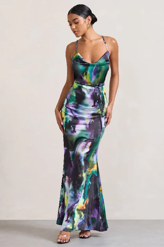 Maxi dresses with sequins for an evening full of glamour -Lifetime | Watercolour Print Satin Cowl Neck Maxi Dress With Cross Back Detail