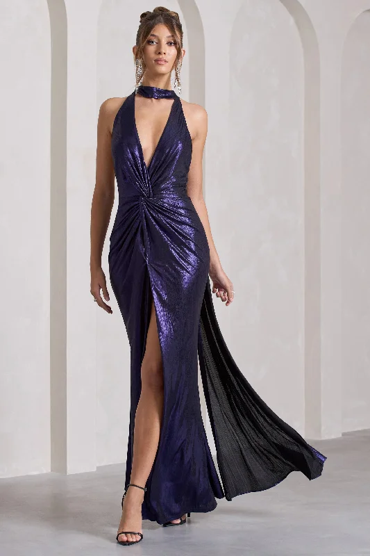 Maxi dresses for a stylish formal dinner party at a hotel -Lost | Purple Metallic Halter-Neck Cut-Out Split Maxi Dress With Drape