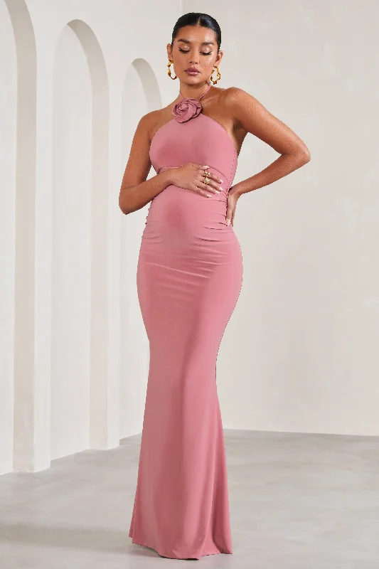 Maxi dresses with a flowy silhouette for casual wear -Loving | Blush Pink Halter-Neck Maternity Maxi Dress With Flower Corsage