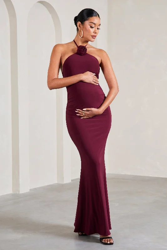 Maxi dresses for a romantic evening reception in the garden -Loving | Burgundy Halter-Neck Maternity Maxi Dress With Flower Corsage