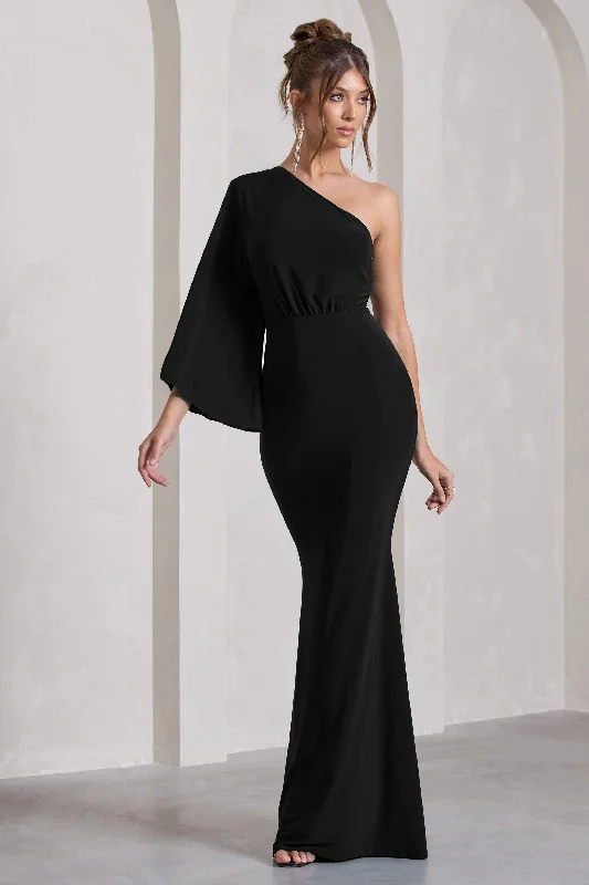 Maxi dresses for a luxurious evening gathering in the countryside -Luciana | Black One Shoulder Drape Sleeve Maxi Dress