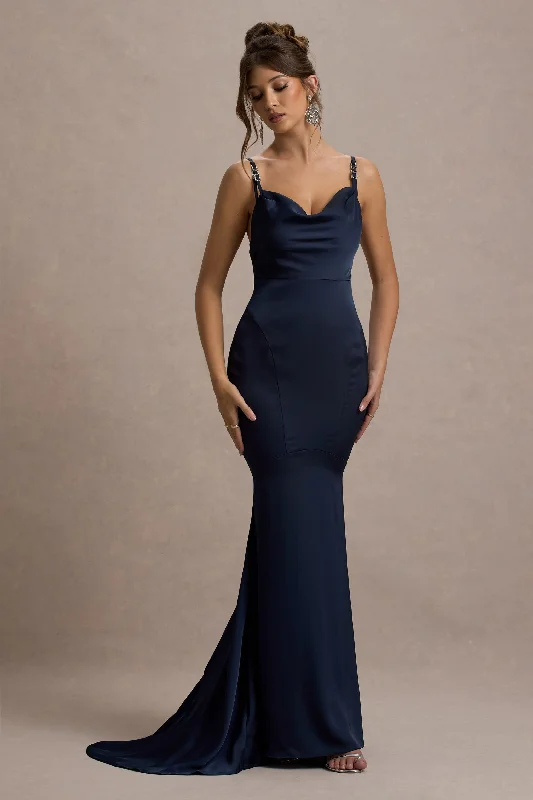 Maxi dresses with a deep back design for a bold look -Made With Love | Navy Satin Strappy Fishtail Maxi Dress