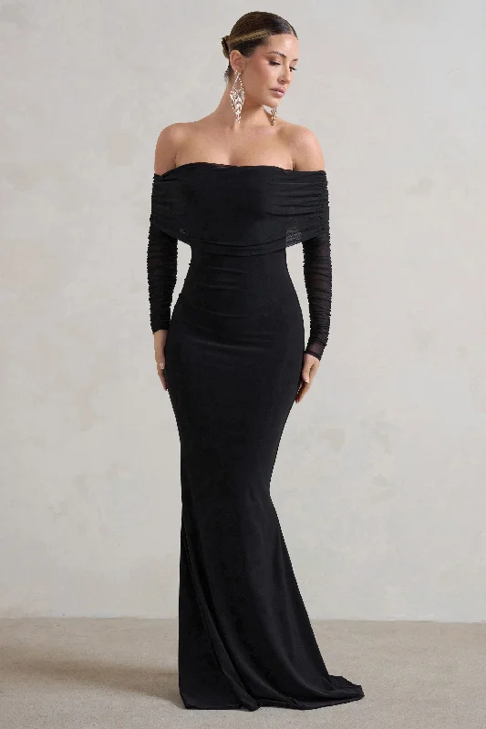 Maxi dresses for a stylish destination wedding at a villa -Madeleine | Black Fishtail Maxi Dress With Bardot Mesh Long Sleeves