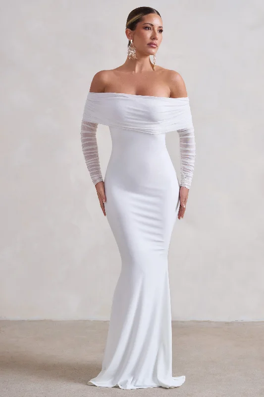 Maxi dresses for a chic rooftop dinner in the city -Madeleine | White Fishtail Maxi Dress With Bardot Mesh Long Sleeves