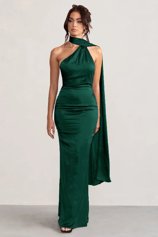 Maxi dresses for a glamorous rooftop wedding reception -Mademoiselle | Bottle Green Satin Asymmetric Scarf Neck Backless Maxi Dress