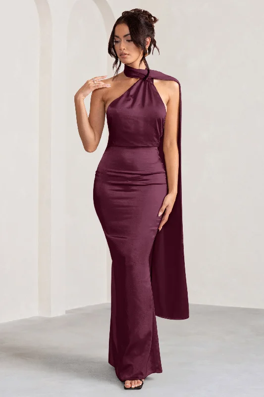 Maxi dresses for a glamorous event at a luxury penthouse -Mademoiselle | Burgundy Satin Asymmetric Scarf Neck Backless Maxi Dress