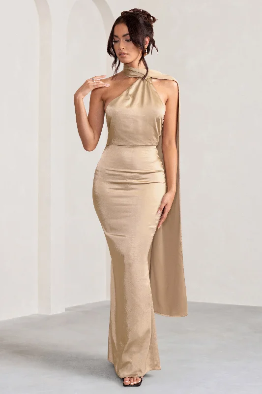 Maxi dresses for a casual outdoor brunch with friends -Mademoiselle | Champagne Satin Asymmetric Scarf Neck Backless Maxi Dress