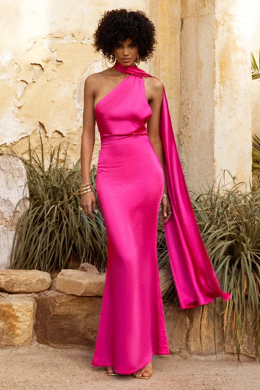 Maxi dresses for a formal celebration at a historic mansion -Mademoiselle | Hot Pink Asymmetric Scarf Neck Backless Maxi Dress