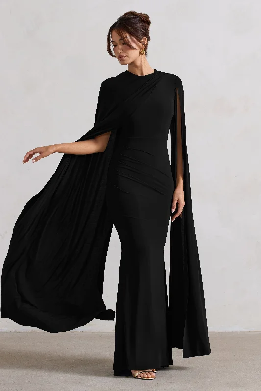 Maxi dresses for an intimate evening family gathering -Magdelena | Black Asymmetric Cape Maxi Dress