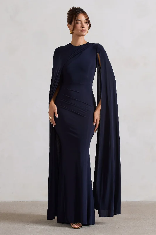 Maxi dresses for a formal dinner celebration in an exclusive venue -Magdelena | Navy Asymmetric Cape Maxi Dress