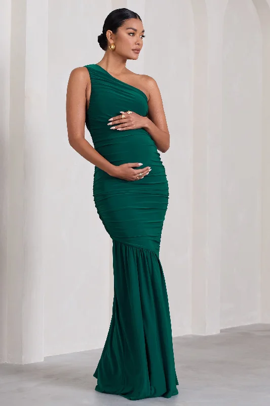 Maxi dresses for a stylish cocktail event at a high-end venue -Make My Day | Bottle Green One-Shoulder Ruched Split Maternity Maxi Dress