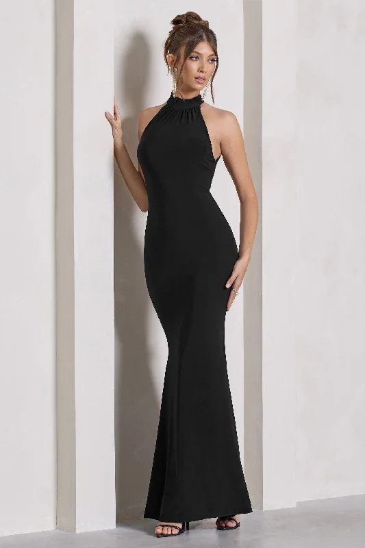 Maxi dresses for a stylish cocktail event at a high-end venue -Malika | Black Sleeveless Halter-Neck Maxi Dress