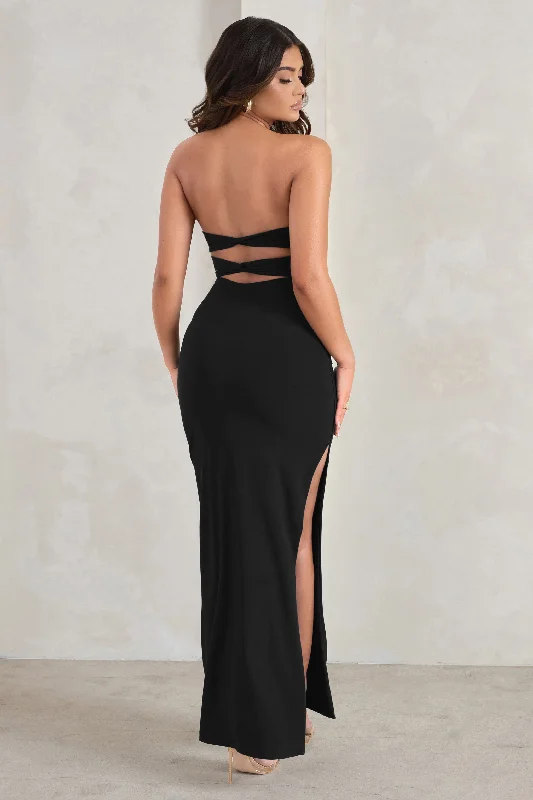 Maxi dresses for a luxurious garden party at sunset -Manon | Black Sweetheart Bandeau Maxi Dress With Thigh Split