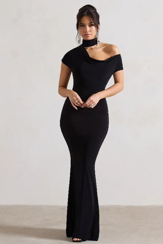 Maxi dresses for a tropical beach celebration with friends -Margaux | Black One-Shoulder Maxi Dress With Halter-Collar