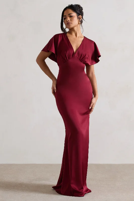 Maxi dresses for a formal gala event in an art gallery -Marisa | Berry Satin V-Neck Flutter-Sleeve Maxi Dress