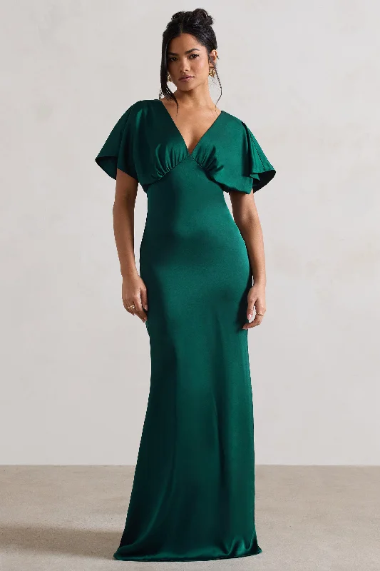 Maxi dresses for an elegant garden tea party with guests -Marisa | Dark Green Satin V-Neck Flutter-Sleeve Maxi Dress