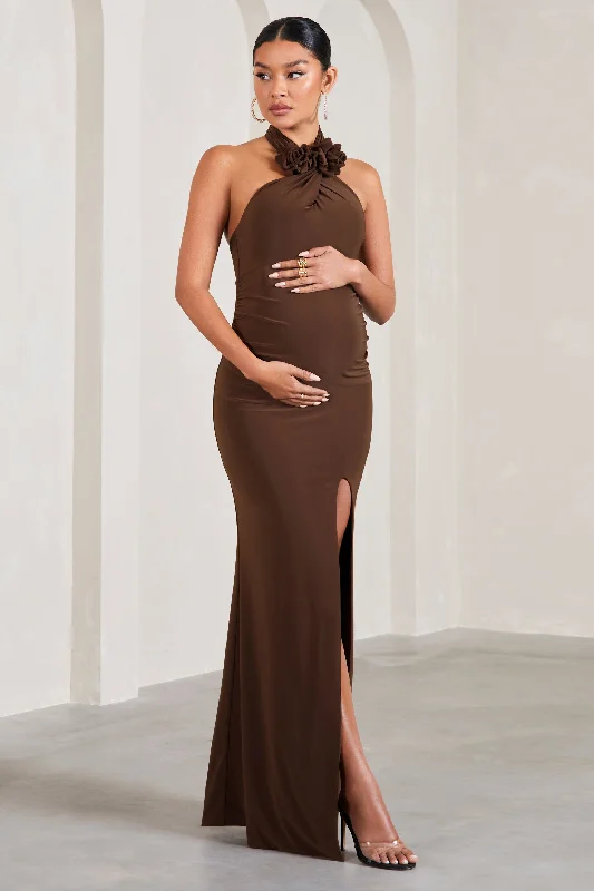 Maxi dresses for a glamorous evening in the city -Marissa | Chocolate Brown Halter-Neck Split Maternity Maxi Dress With Flowers