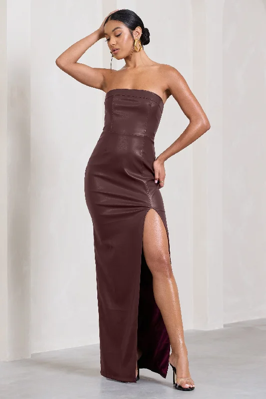 Maxi dresses for a formal dinner celebration in an exclusive venue -Marlene | Burgundy Faux Leather Strapless Bandeau Split Maxi Dress