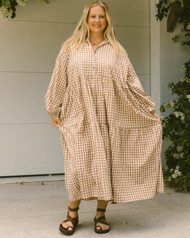 Maxi dresses for a stylish destination wedding at a villa -Maxi Avalon Smock Dress | Caramel Gingham