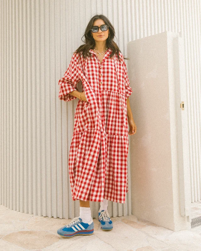 Maxi dresses with bold prints for a statement look -Maxi Avalon Smock Dress | Red Gingham