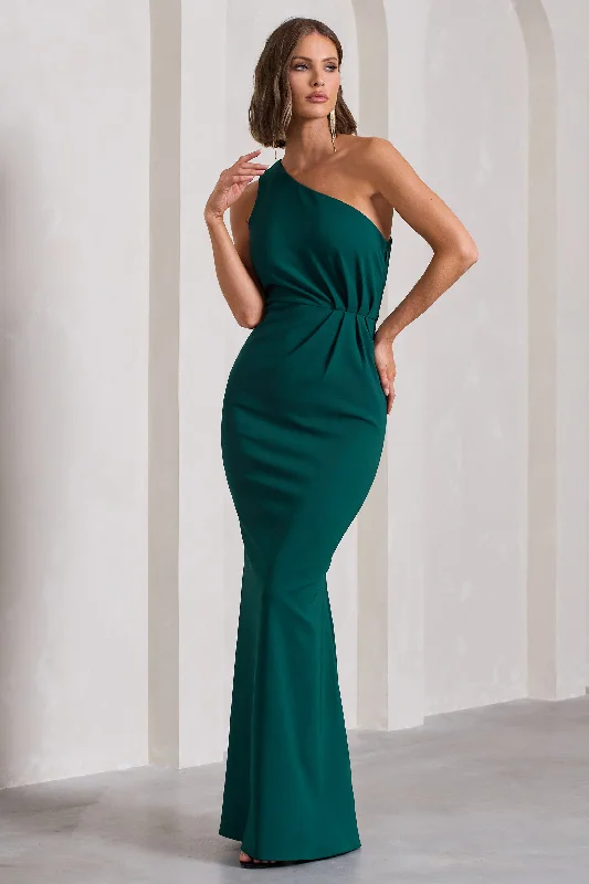 Maxi dresses for luxury resort vacations -Michelle | Bottle Green One-Shoulder Gathered Maxi Dress