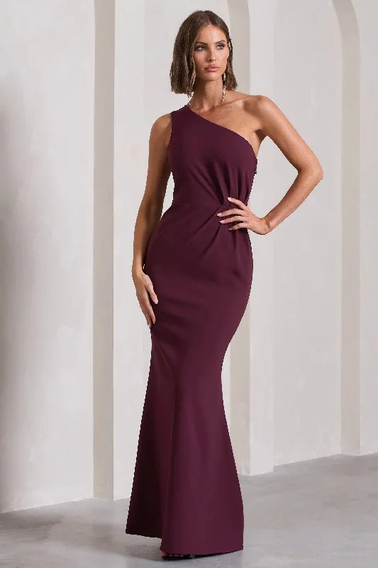 Maxi dresses with floral appliqués for springtime events -Michelle | Burgundy One-Shoulder Gathered Maxi Dress