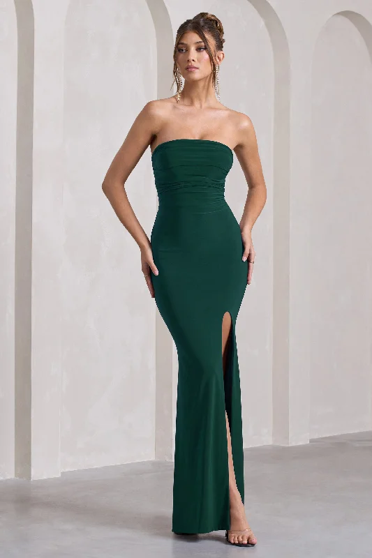 Maxi dresses with an elegant lace overlay for evening events -Midnight Calling | Bottle Green Bandeau Split Lace-Up Maxi Dress