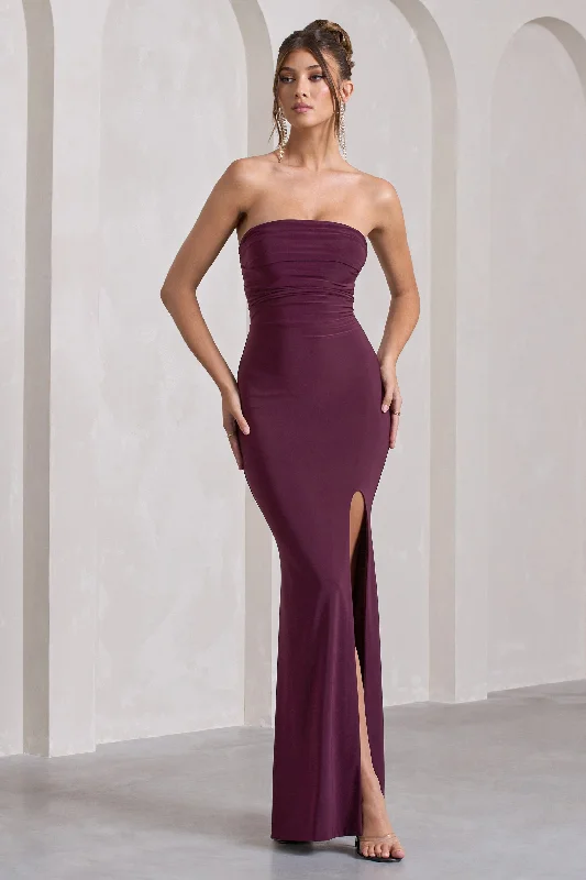 Maxi dresses for a family reunion dinner at a luxurious venue -Midnight Calling | Plum Bandeau Split Lace-Up Maxi Dress