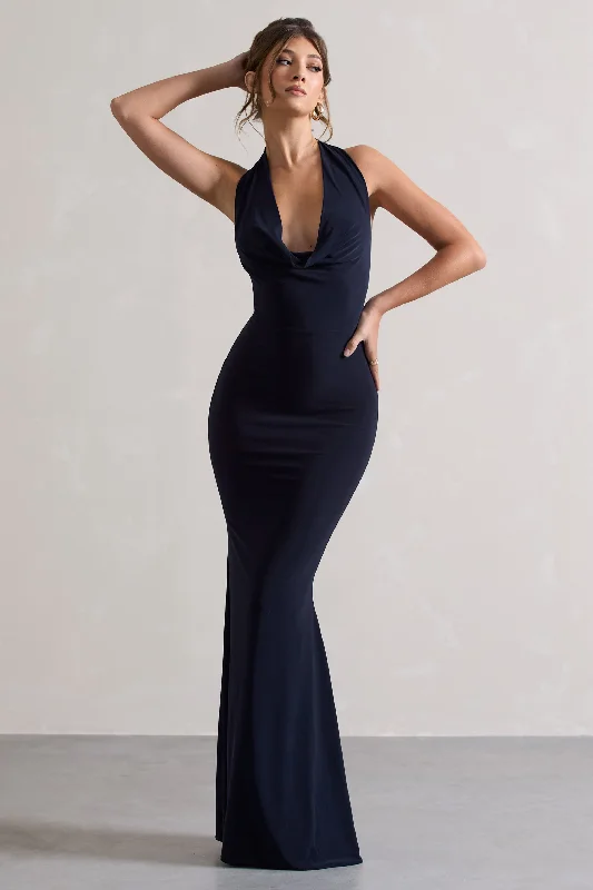 Maxi dresses for tropical island celebrations -Milani | Navy Backless Cowl Neck Fishtail Maxi Dress