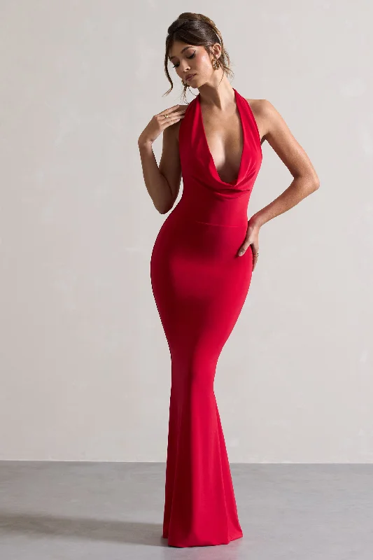 Maxi dresses with crystal embellishments for a glamorous look -Milani | Red Backless Cowl Neck Fishtail Maxi Dress