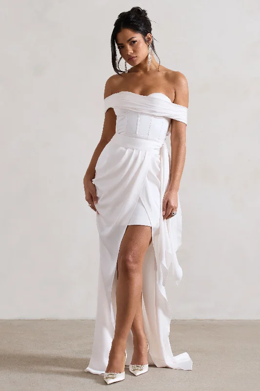 Maxi dresses with asymmetrical designs for modern flair -Milano | Cream Satin Bardot Maxi Dress With Detachable Skirt