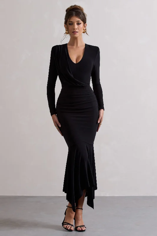 Maxi dresses with pleats for a sophisticated appearance -Milena | Black Plunge-Neck Maxi Dress With Draped Hem