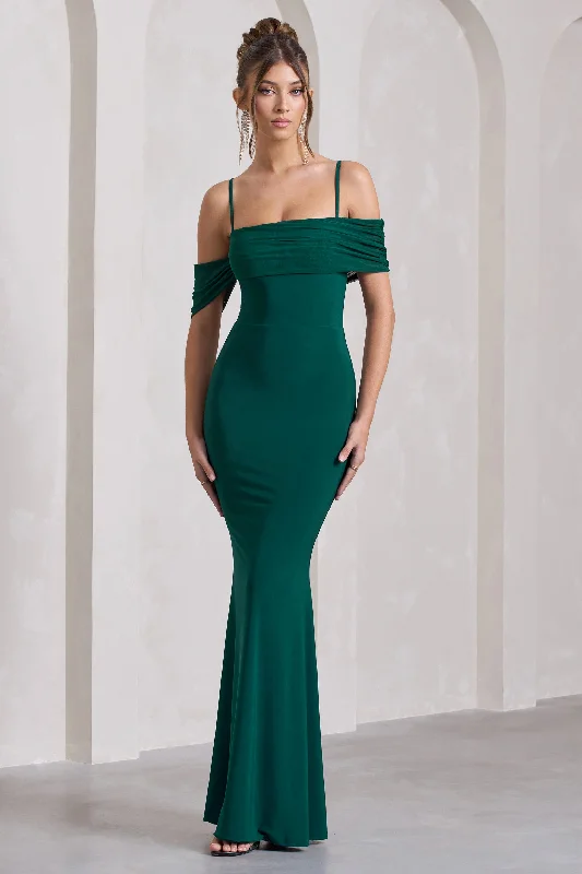 Maxi dresses with an elegant boat neckline for a classic touch -Miracle | Bottle Green Strappy Mesh Bardot Maxi Dress