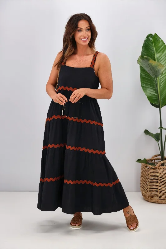 Maxi dresses for a luxurious formal celebration by the lake -Miracle Linen Ric Rac Tiered Maxi Dress Black Tan